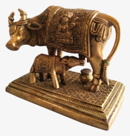 Golden Antique Cow And Calf Religious Brass Statue, - Working Animal, HD Png Download, Transparent PNG