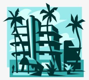 Vector Illustration Of Miami Beach Resort Hotel With - Resort Clipart Black And White, HD Png Download, Transparent PNG