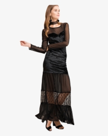 Women S Solid Mesh Maxi Dress W/velvet Body Detail - Photo Shoot, HD Png Download, Transparent PNG
