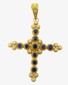 Large 22k Yellow Gold Sapphire And Diamond Cross Pendant - Pendant, HD Png Download, Transparent PNG