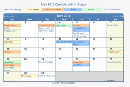 May 2016 Printable Calendar With Us Holidays Including - October 2019 Calendar With Holidays, HD Png Download, Transparent PNG