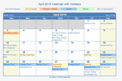 April 2016 Printable Calendar With Us Holidays Including - May 2018 Holiday Calendar, HD Png Download, Transparent PNG