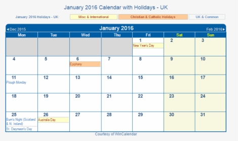 January 2016 Calendar With Uk Holidays - January 2021 Calendar With Holidays, HD Png Download, Transparent PNG