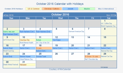 October 2016 Printable Calendar With Us Holidays Including - September 2021 Calendar With Holidays, HD Png Download, Transparent PNG