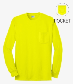Safety Green Long Sleeve Pocket T Shirt Front - Long-sleeved T-shirt, HD Png Download, Transparent PNG