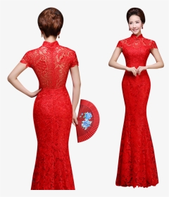 Bsjy-16278 Red Lace Mandarin Collar Mermaid Qipao Traditional - Red Lace Mandarin Dress, HD Png Download, Transparent PNG