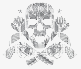 Flowers And Firearms Skull Line Art Polished Chrome - Illustration, HD Png Download, Transparent PNG