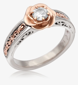 Vintage Scrollwork Rose Engagement Ring With Diamond - 14k Gold Engagement Ring With Scrollwork, HD Png Download, Transparent PNG