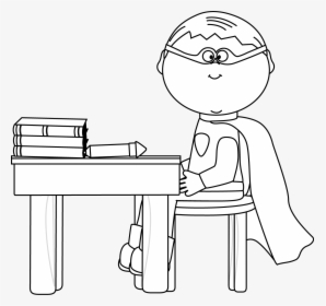 Black And White Boy Superhero At School Desk - Black And White School Turtle Clipart, HD Png Download, Transparent PNG