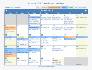 October 2019 Calendar With Holidays Usa - Holiday October 2019 Calendar, HD Png Download, Transparent PNG