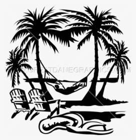 Clipart Waves Palm Tree - Palm Tree Beach Clip Art Black And White, HD Png Download, Transparent PNG