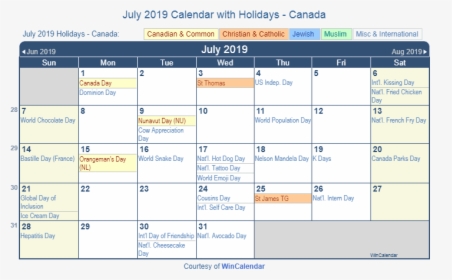 2019 July Calendar Canada Template - July 2019 Holiday Calendar, HD Png Download, Transparent PNG