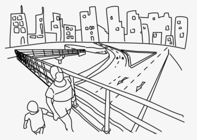 City, Walk, Bridge, Buildings, Transit, Street - Walking Bridge Cartoon Black And White, HD Png Download, Transparent PNG