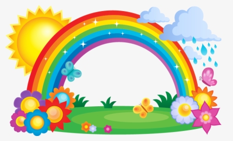 Rainbow Cloud Clip Art - Rainbow With Sun And Clouds, HD Png Download, Transparent PNG