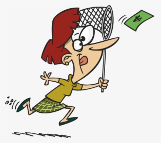 Cartoon Woman Chasing Money With A Butterfly Net Clipart, HD Png Download, Transparent PNG
