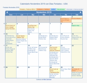 Calendario Estados Unidos Noviembre 2019 En Formato, HD Png Download, Transparent PNG