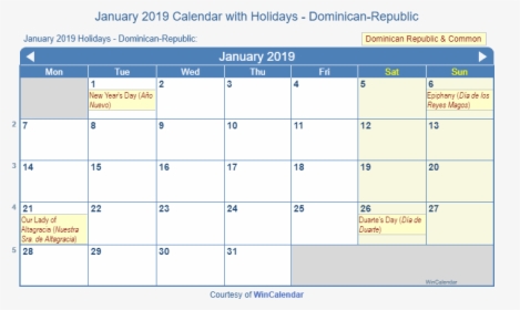 January 2019 Calendar With Dominican Holidays To Print, HD Png Download, Transparent PNG