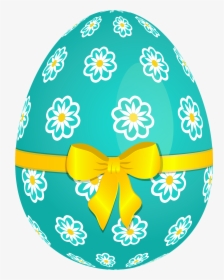 Sky Blue Easter Egg With Flowers And Yellow Bow Png, Transparent Png, Transparent PNG
