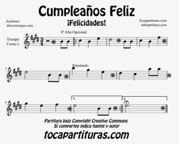 Happy Birthday Sheet Music For Horn, English Horn And - Cumpleaños Feliz En Do, HD Png Download, Transparent PNG