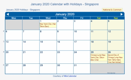 January 2020 Calendar With Singapore Holidays - Feriado De Noviembre 2019, HD Png Download, Transparent PNG
