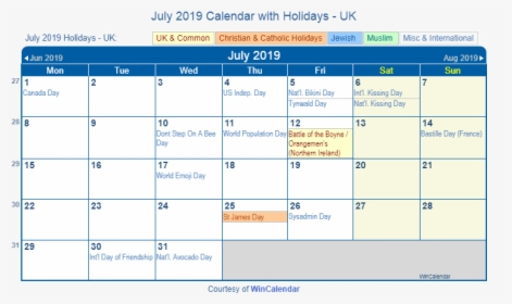 July 2019 Calendar With Holidays Uk - Holidays In December 2019, HD Png Download, Transparent PNG