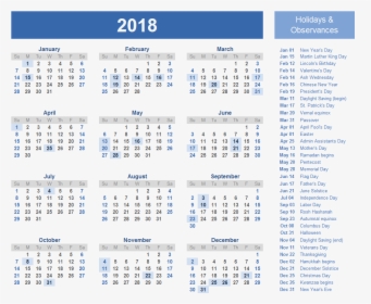 Calendar 2018 Holidays Png - Free Printable 2020 Calendar With Holidays, Transparent Png, Transparent PNG