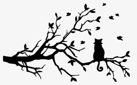 Cat, Feline, Animal, Pet, Birds, Tree, Branch - Cat In Tree Silhouette, HD Png Download, Transparent PNG