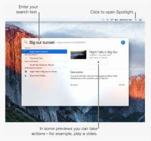 Spotlight Menu Showing Search Example And A Video Result - Yosemite National Park, Yosemite Valley, HD Png Download, Transparent PNG