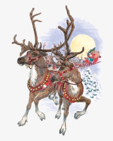 Clipart Reindeer Realistic - Vintage Santa And Reindeers, HD Png Download, Transparent PNG