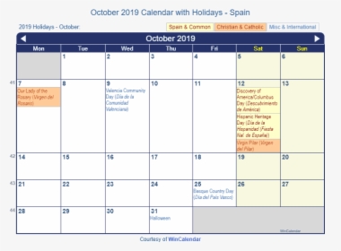 October 2019 Calendar spain - Holidays In January 2020, HD Png Download, Transparent PNG