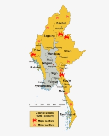 Conflict Zones In Myanmar - Map Of Myanmar, HD Png Download, Transparent PNG