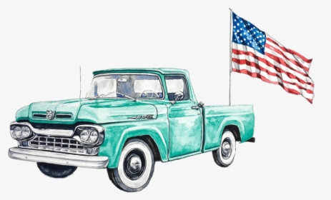 #watercolor #truck #teal #ford #pickup #antique #retro - Ford Truck American Flag, HD Png Download, Transparent PNG
