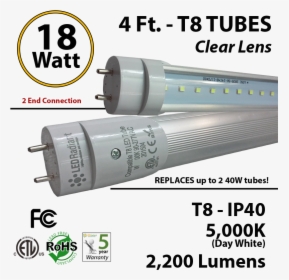 18w 4ft Led T8 Tube Light 2200lm 5000k Frosted 2 End - 2ft Led Tube Light, HD Png Download, Transparent PNG