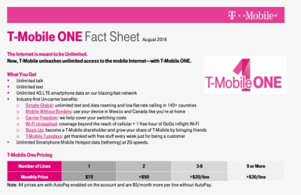 T-mobile One Fact Sheet Image - T Mobile, HD Png Download, Transparent PNG