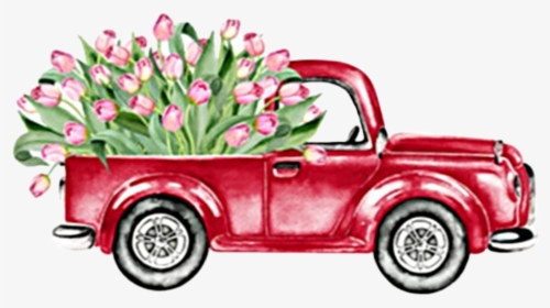 #watercolor #truck #flowers #tulips #vintage #antique - Rustic Christmas Red Truck, HD Png Download, Transparent PNG