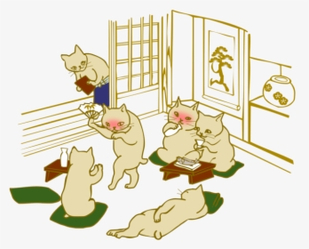 Drinking Session Cats Japanese Ukiyo E Style - Cartoon, HD Png Download, Transparent PNG