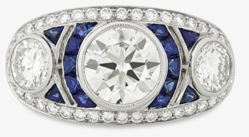 Three-stone Diamond And Sapphire Art Deco Style Ring - Engagement Ring, HD Png Download, Transparent PNG