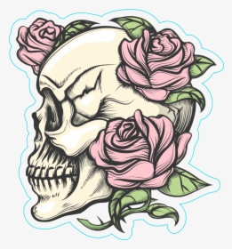 Human Skull With Roses Tattoo Style Sticker - Draw S Skull With Rose, HD Png Download, Transparent PNG