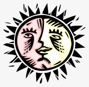 Vector Illustration Of Anthropomorphic Sun Face - Xilogravura Sol E Lua, HD Png Download, Transparent PNG