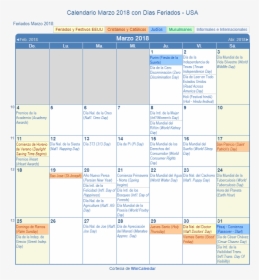 Calendario Estados Unidos Marzo 2018 En Formato De - Holiday May Calendar 2019, HD Png Download, Transparent PNG