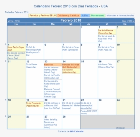 Calendario Estados Unidos Febrero 2018 En Formato De - January 2020 Calendar With Holidays, HD Png Download, Transparent PNG