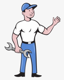 Mechanic Hold Spanner Waving Hand Cartoon Card - Mechanic Repairman Clip Art, HD Png Download, Transparent PNG