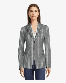 Dark Grey Striped Linen Cotton 3 Button Blazer With - Blue Striped Blazer Womens, HD Png Download, Transparent PNG