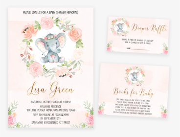 Pink Ink Floral Elephant Baby Shower Invitation Pack - Garden Roses, HD Png Download, Transparent PNG