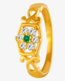 22kt Yellow Gold, American Diamond And Emerald Ring - Engagement Ring, HD Png Download, Transparent PNG