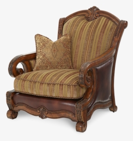 Carved Frame Brown Leather Gold Stripe Patterned Fabric - Club Chair, HD Png Download, Transparent PNG