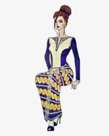 #myanmar #girl #traditional #dress - Myanmar Traditional Dress Illustration, HD Png Download, Transparent PNG