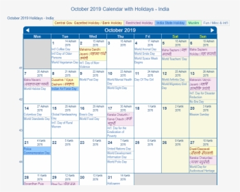 Holiday Calendar 2019 October, HD Png Download, Transparent PNG