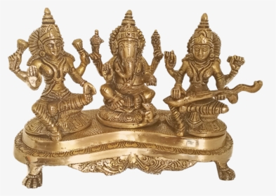 Brass Ganesha With Goddess Lakshmi And Saraswathi Statue, - Saraswati, HD Png Download, Transparent PNG