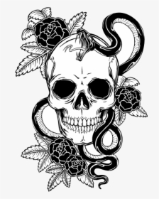 Tattoo Flower Skull Calavera T-shirt Snake Clipart - Skull With Snake And Roses, HD Png Download, Transparent PNG